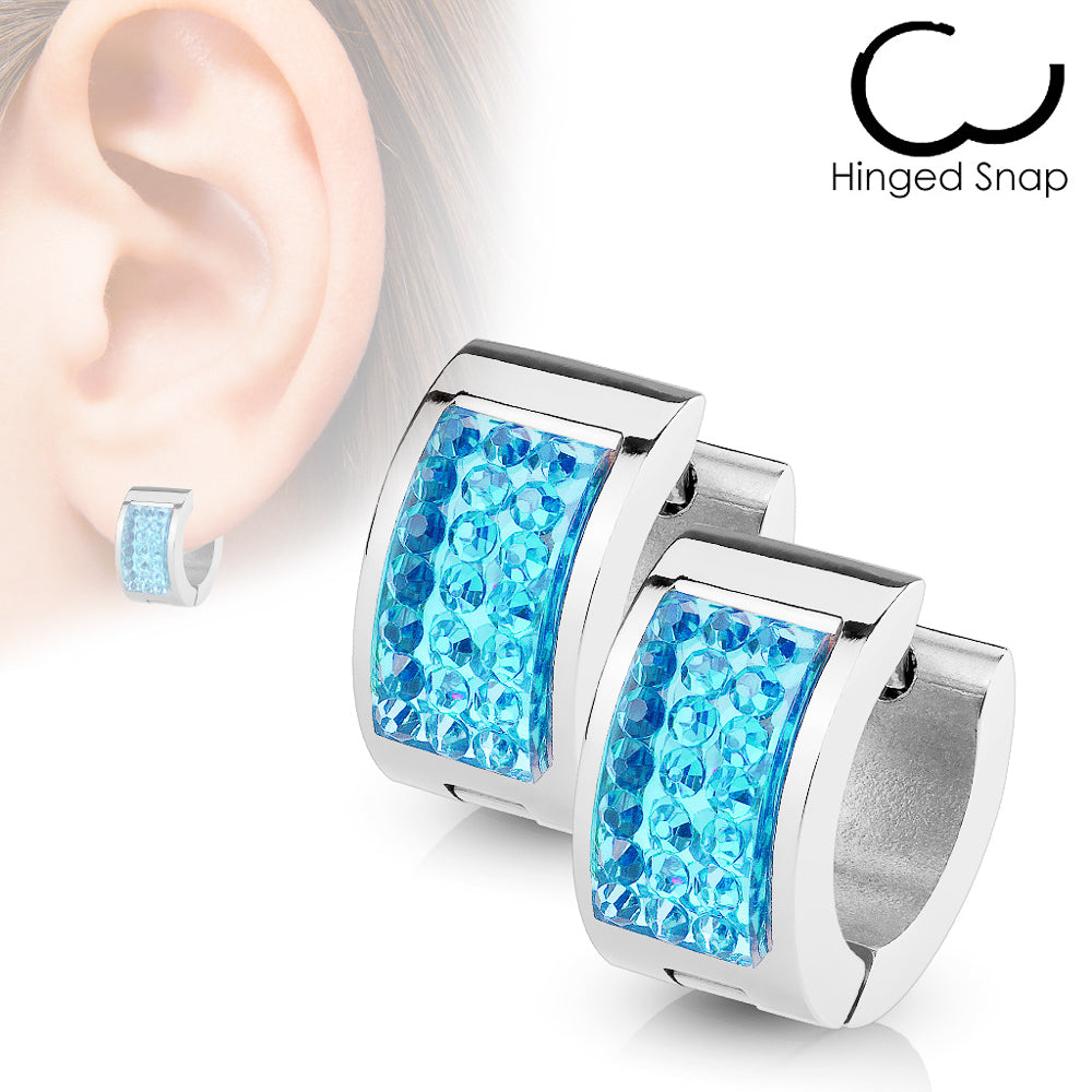 MJ-SE7077 Pair of Square Crystal Set Stainless Steel Hoop/Huggie Earrings